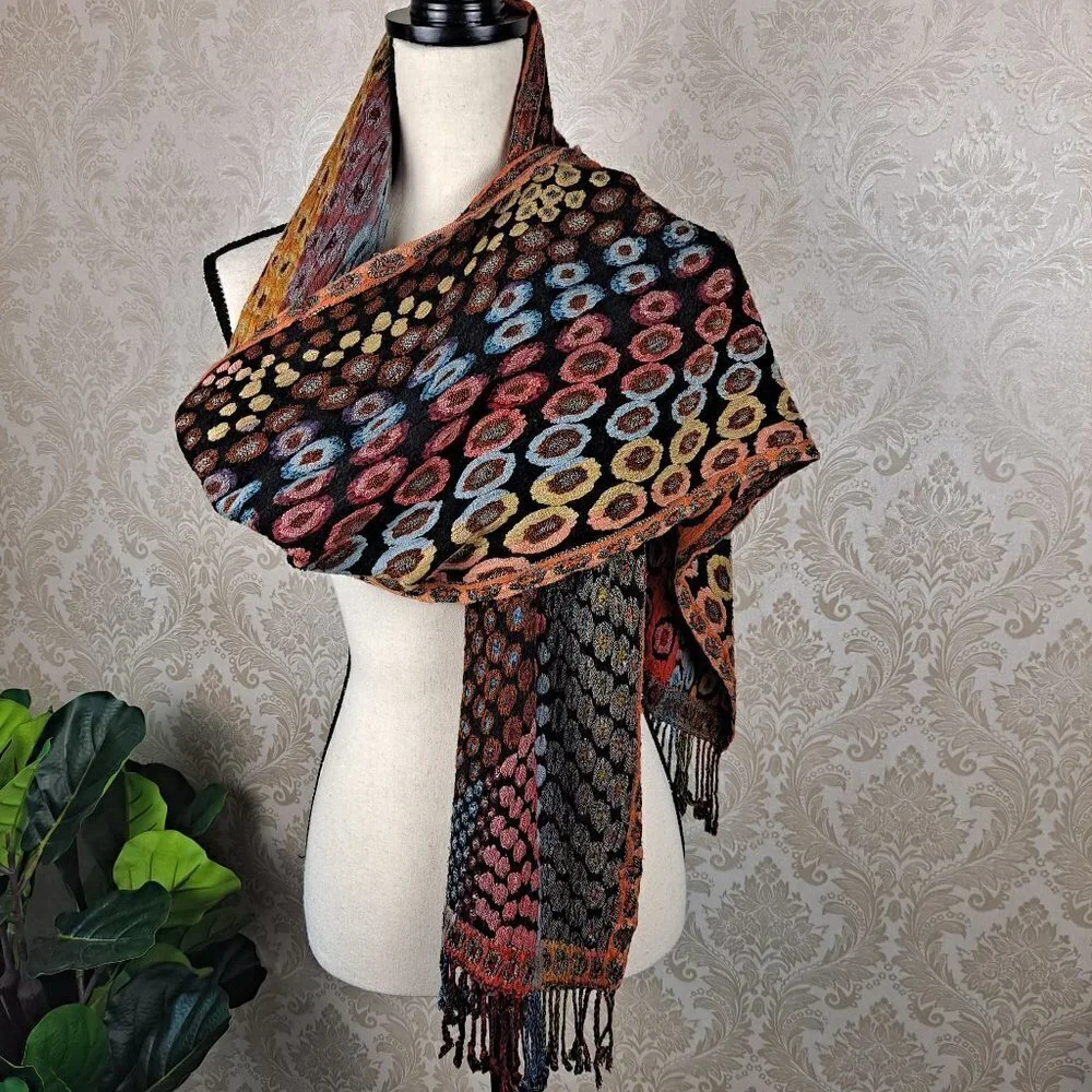 Silk Blend Oblong Scarf Fall Colors Fringed Ends Made in Nepal